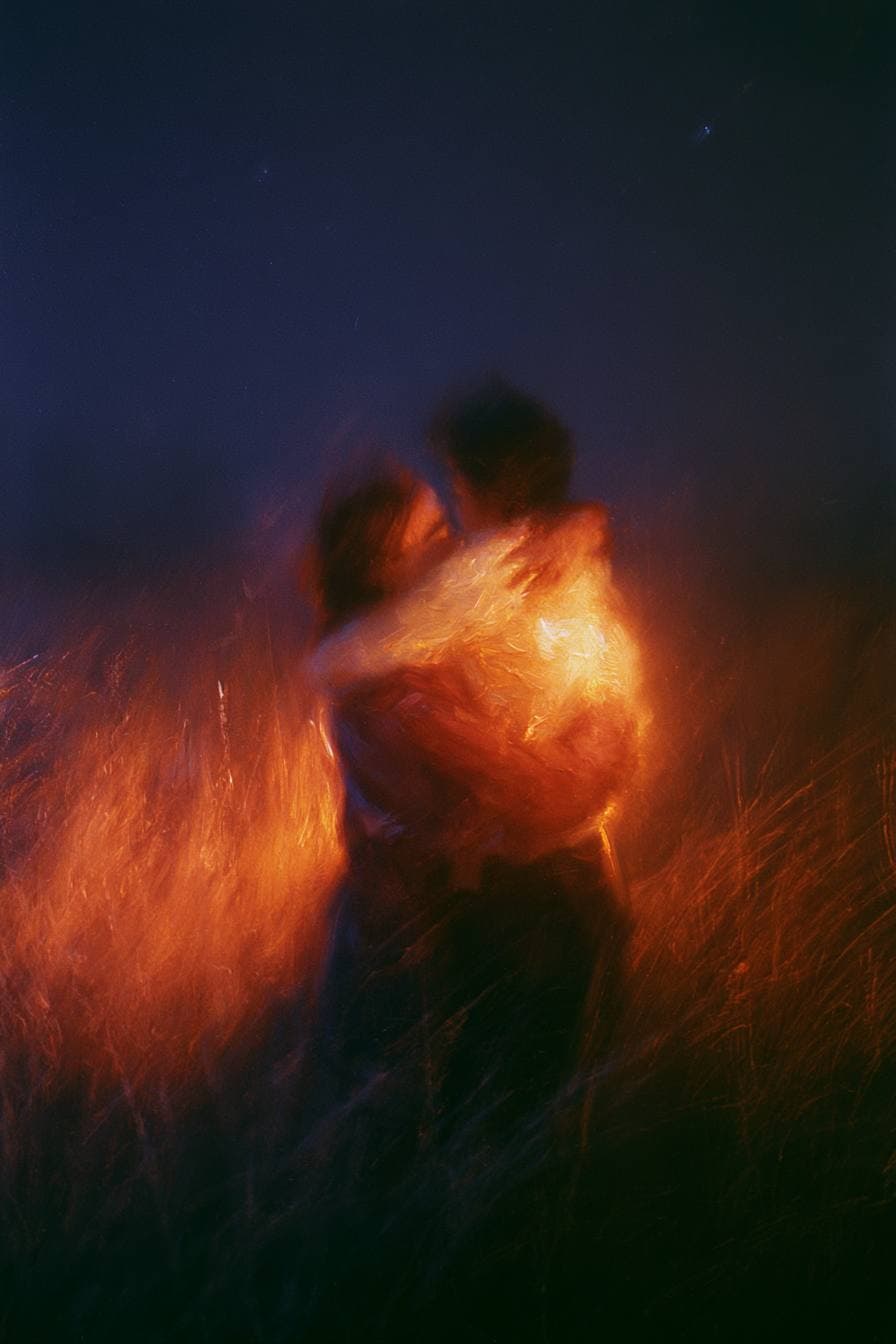 Impressionist oil painting of two people holding each other close at night, warm ember glow around them