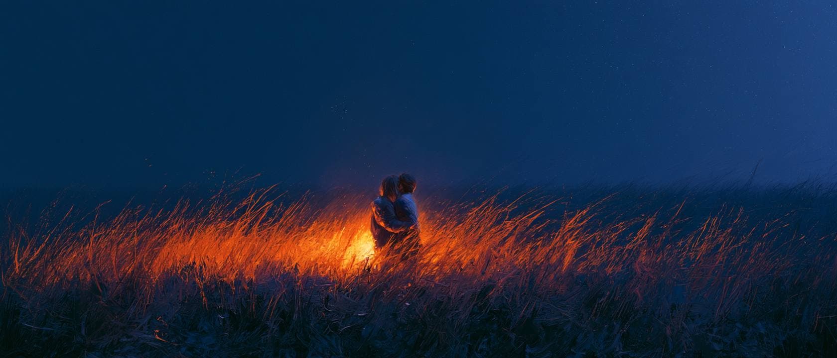 Impressionist oil painting of a couple sitting close in a dark night field, one small warm glow between them