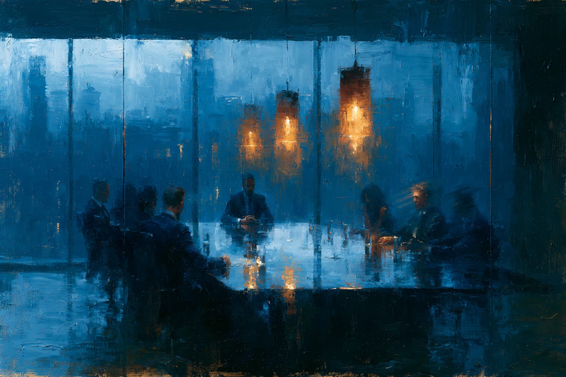 Impressionist oil painting of two colleagues facing each other across a desk at dusk, a warm lamp between them, city towers through the window