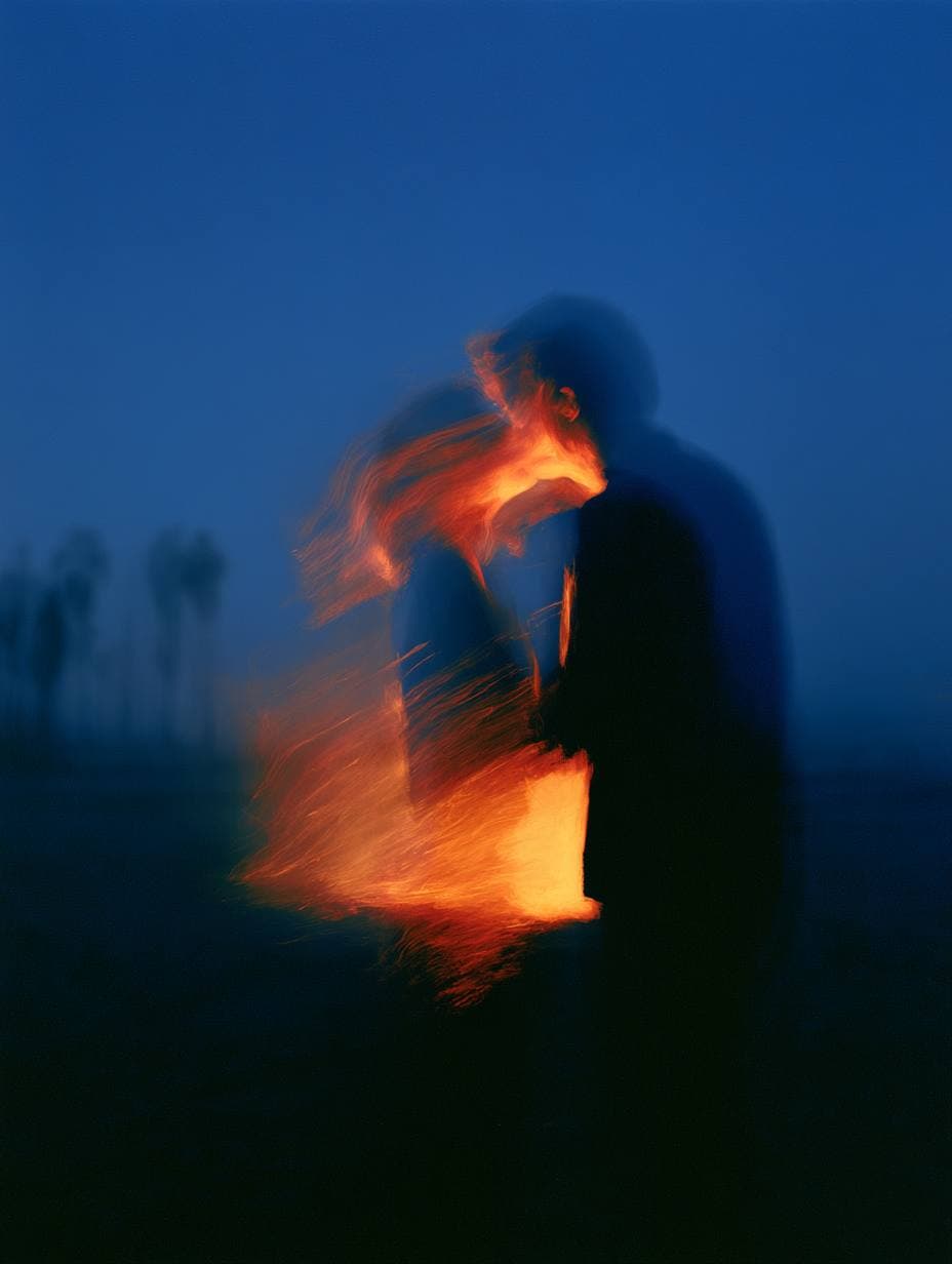 Impressionist oil painting of two blurred silhouettes leaning in against a deep blue night, orange light across their bodies