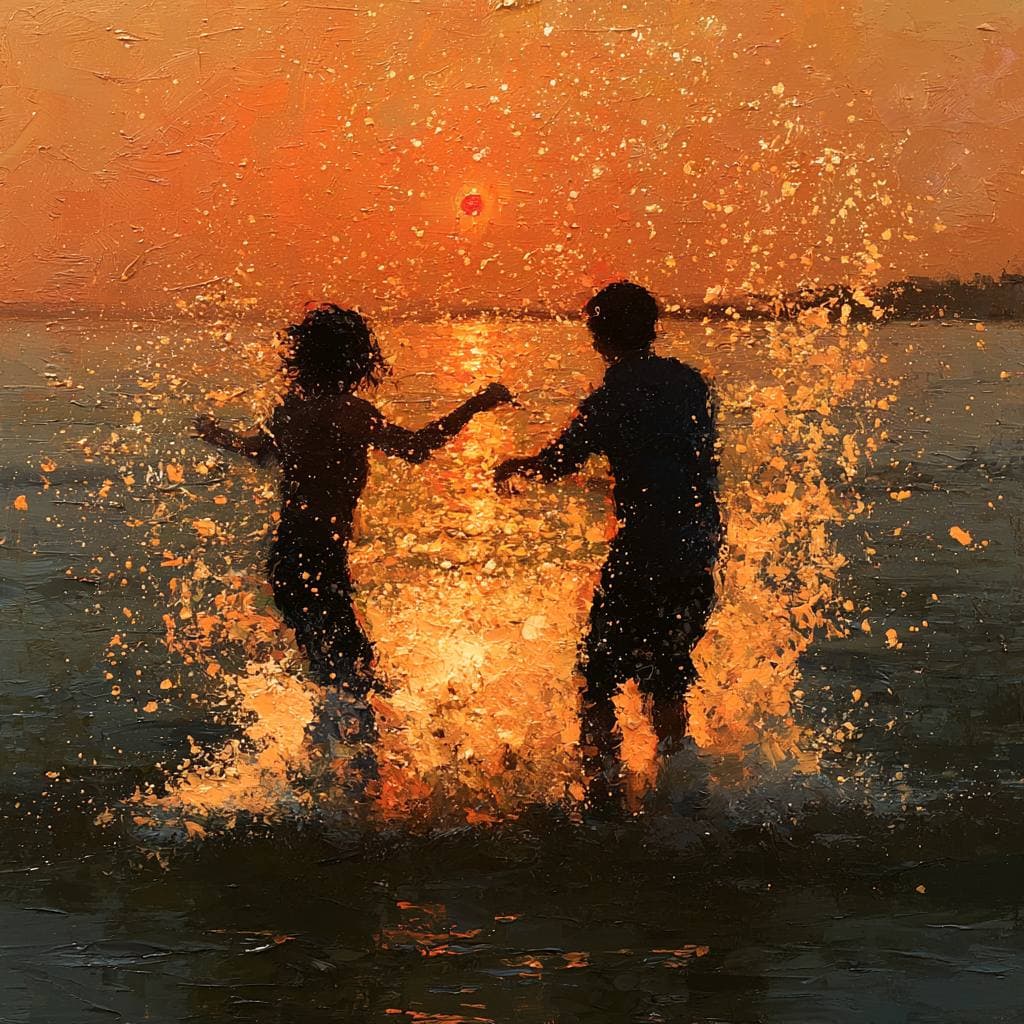 Impressionist oil painting of a couple splashing in the ocean at sunset, silhouetted against a burning orange sky