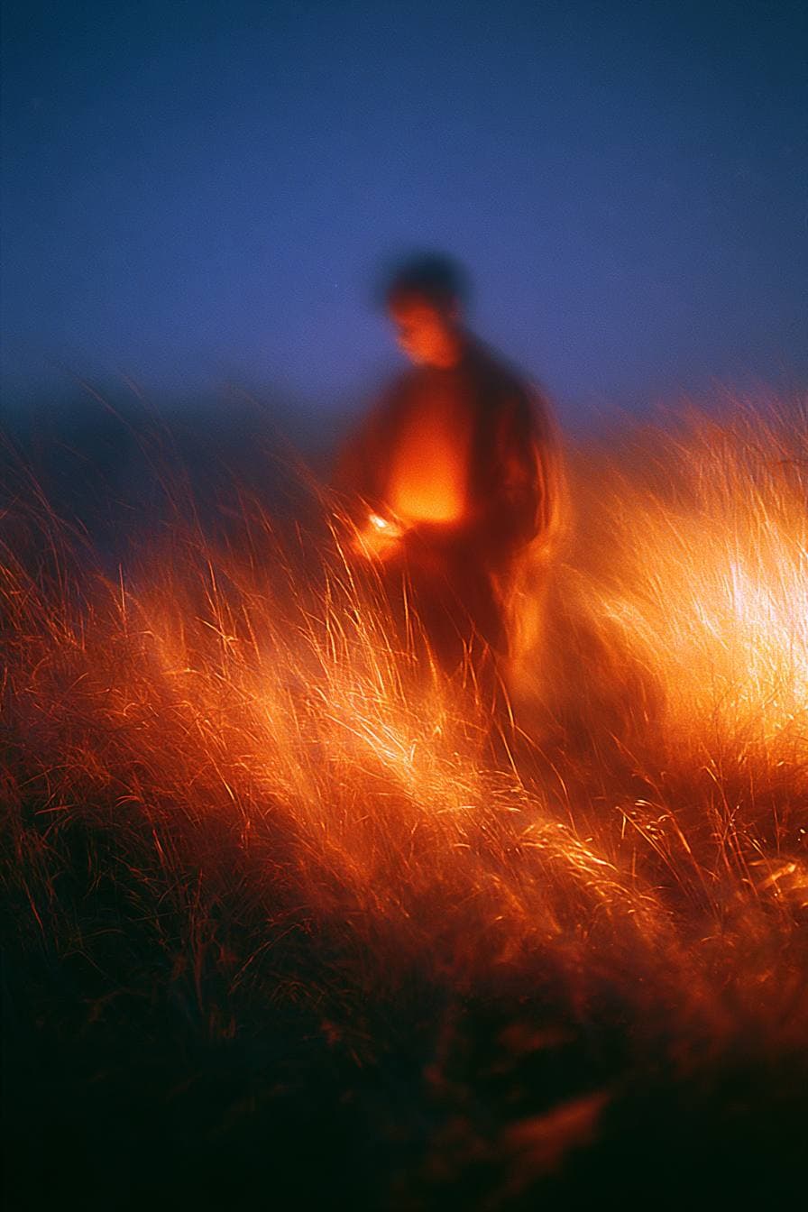 Impressionist oil painting of a lone figure standing in a night field, a warm glow cradled in their hands