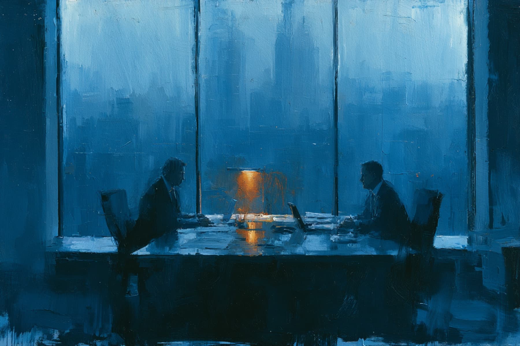 Impressionist oil painting of two figures across a desk at night, one warm lamp between them, steel-blue windows behind