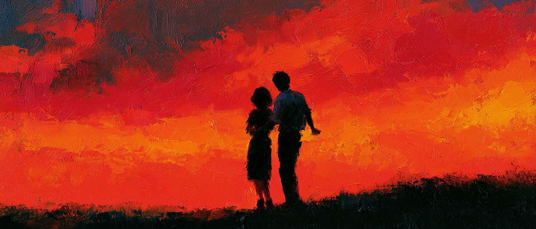 Impressionist oil painting of a couple holding each other close under a blazing red and orange evening sky