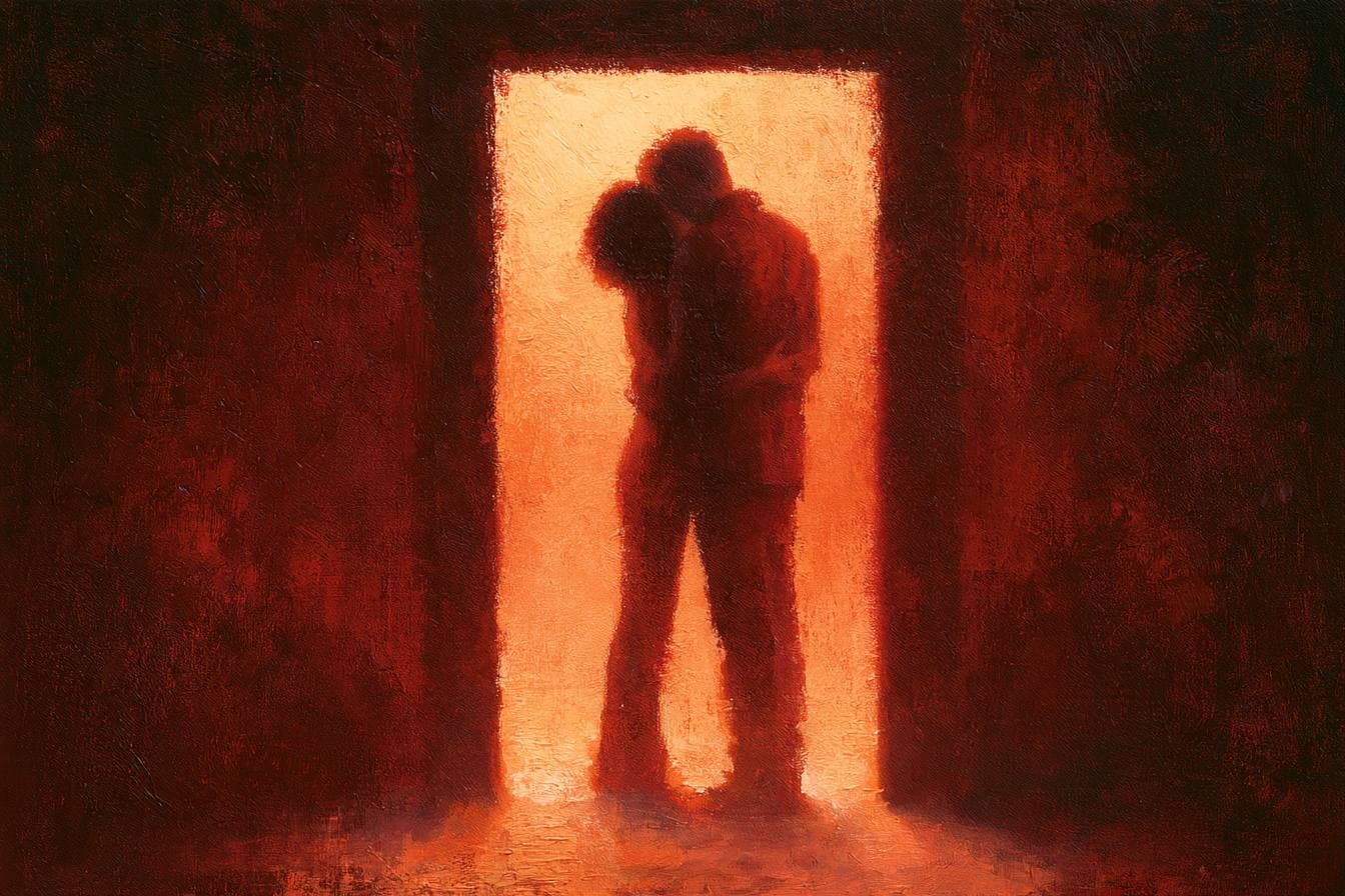 Impressionist oil painting of a couple embracing in a doorway of warm light, deep reds all around them