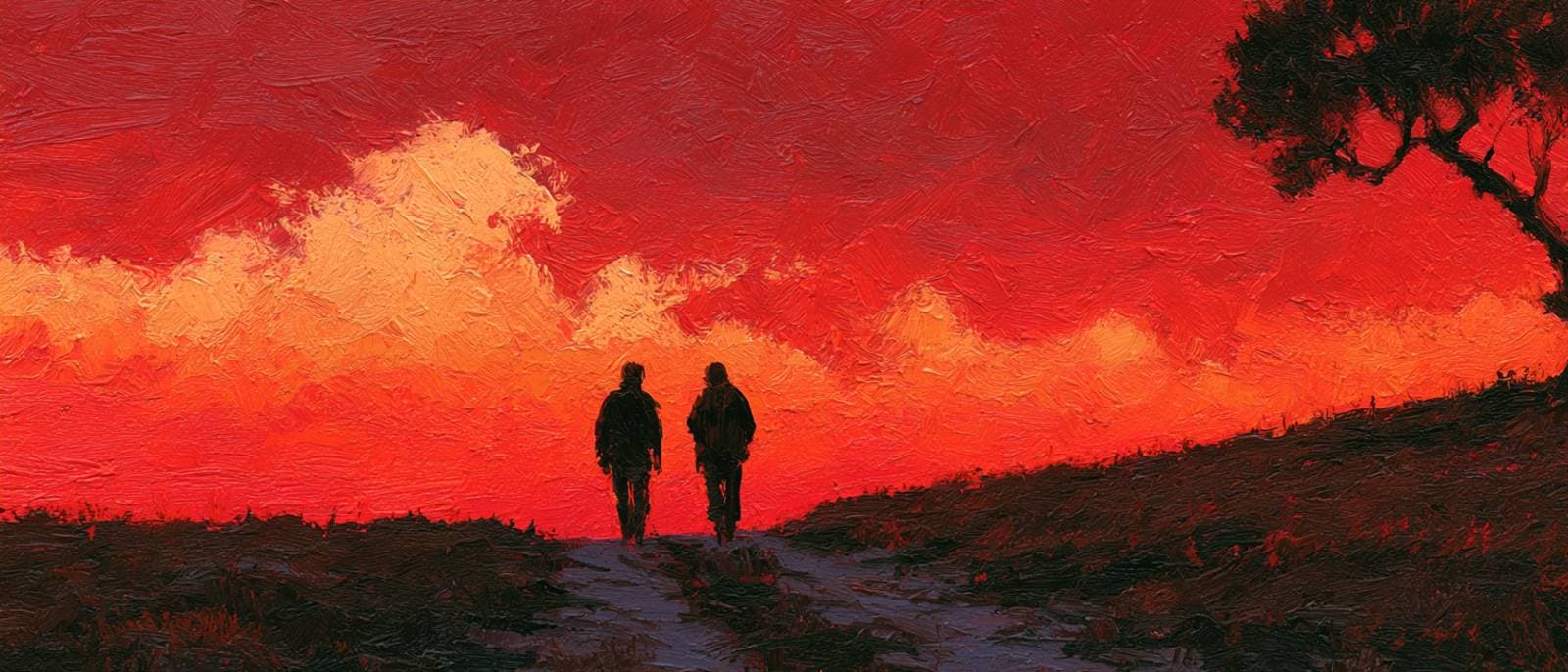 Impressionist oil painting of two people walking the same path together under a warm evening sky
