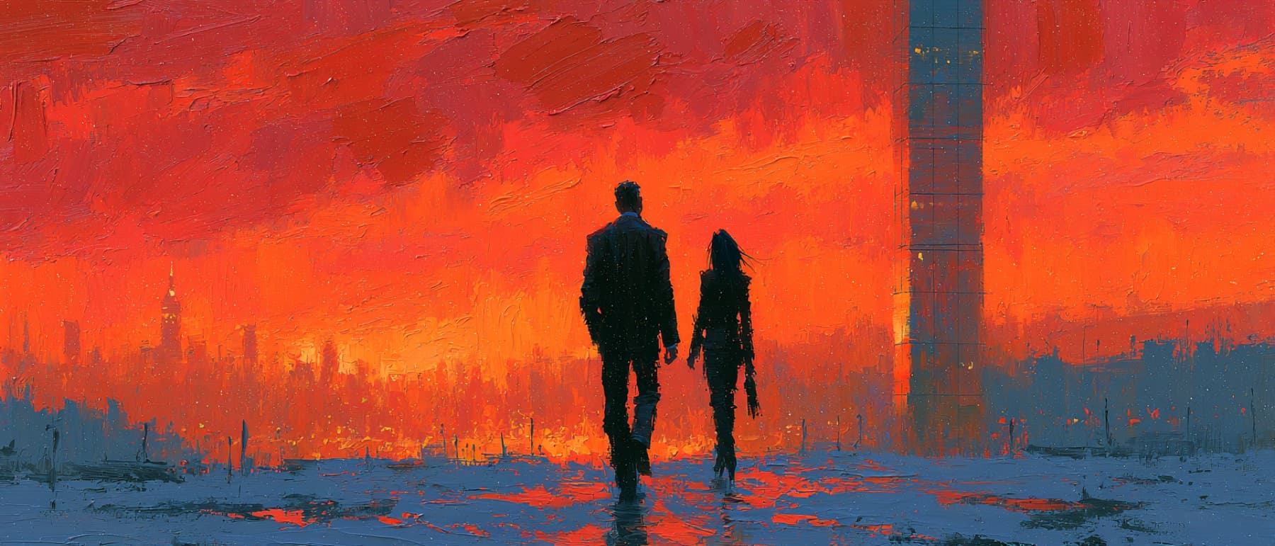 Impressionist oil painting of two professionals walking together toward a glass office tower under a blazing red and orange dawn sky