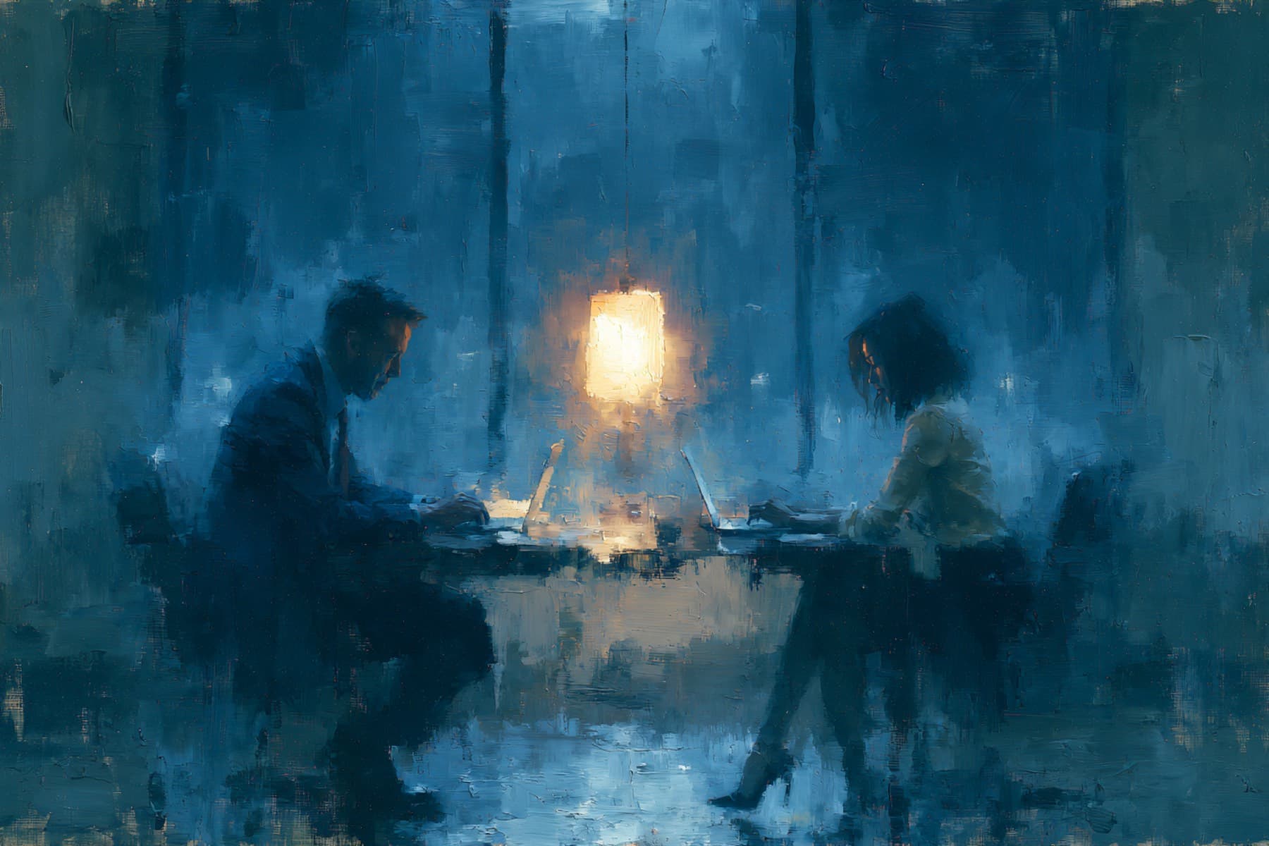 Impressionist oil painting of a man and a woman facing each other across a desk at night, one warm lamp between them, steel-blue windows behind