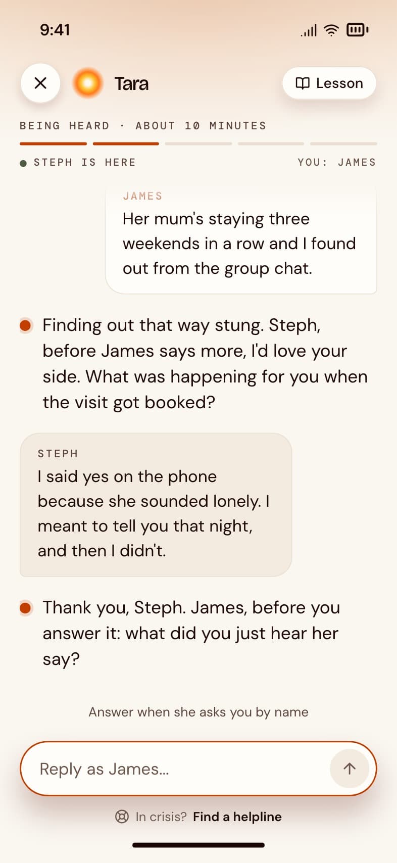 James’s phone in a live untangle, Tara asking him to say back what Steph said